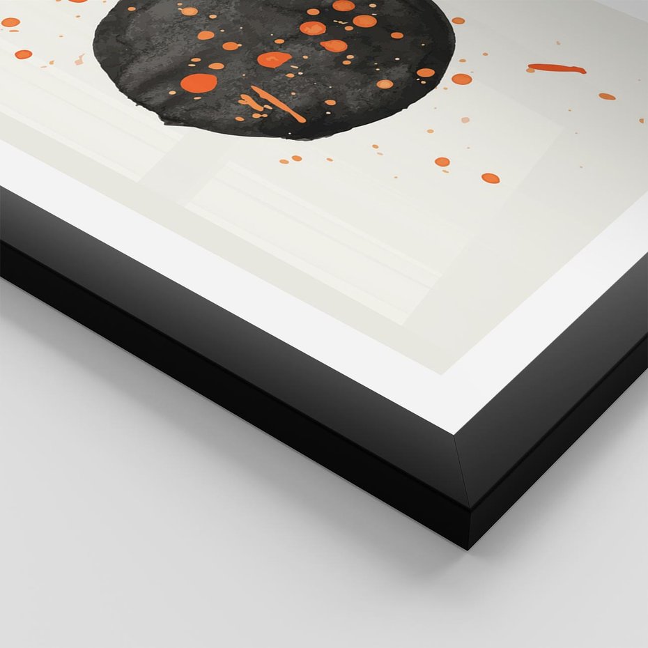 Plakat w ramie 50x70 - Impulsy Kreatywności - abstrakcyjna czarna plama, rozsiane pomarańczowe kropki - rama czarna