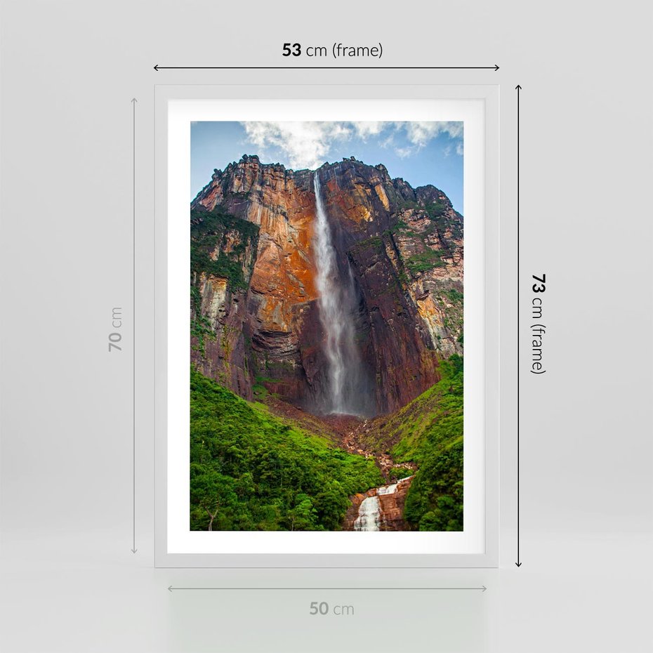 Plakat w ramie 50x70 - Górska siła wodospadów - wodospad, góra - rama biała