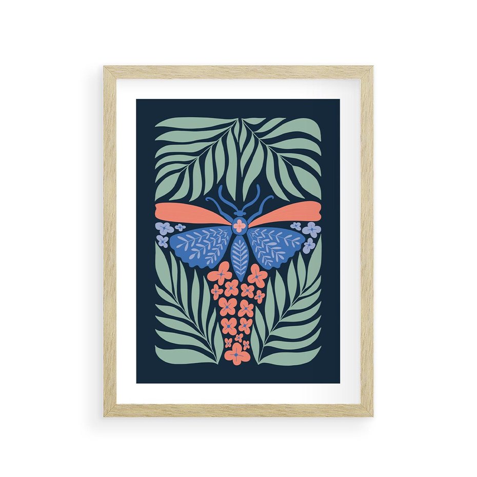 Plakat w ramie 30x40 - Granatowa Noc - granatowe tło, abstrajcyjna ćma - rama drewno