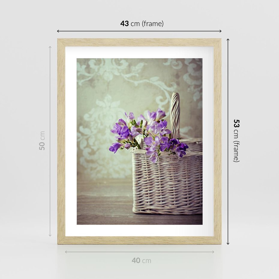 Plakat w ramie 40x50 - Kwiatowy koszyk - kwiaty, koszyk - rama drewno