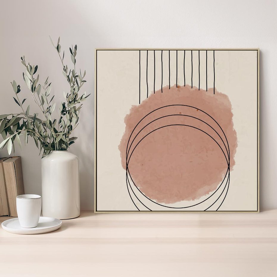 Obraz w ramie 50x50 - Migotliwe Kontury - akwarelowa plama, geometryczne szkicowane kształty - rama drewno