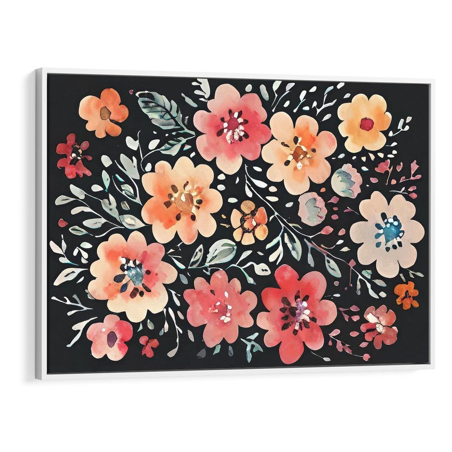 Obraz w ramie 100x70 - Labirynty melancholii - akwarelowe, pastelowe kwiaty na czarnym tle - rama biała