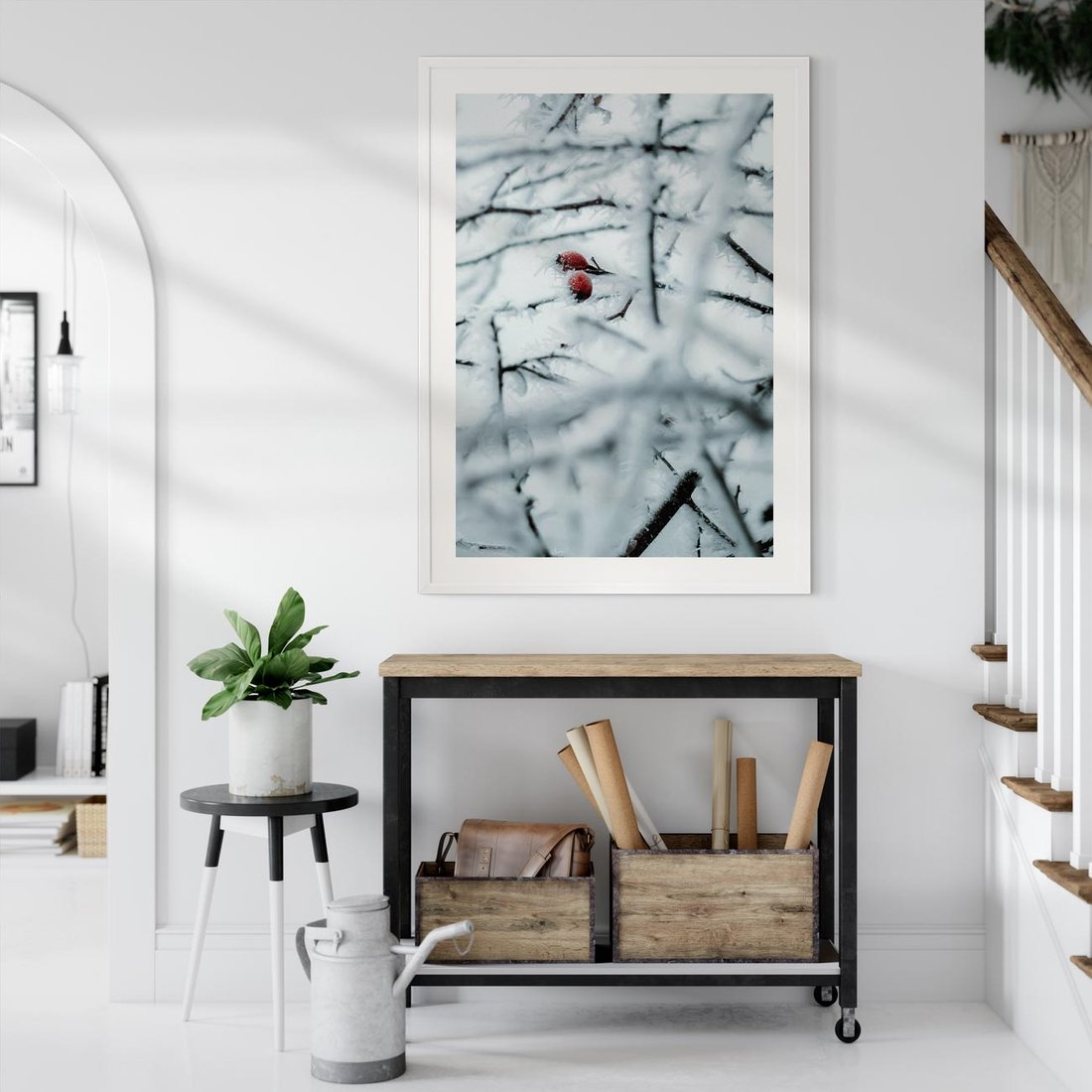 Plakat w ramie 30x40 - Zima w Detalu: Gałęzie ze Szronem i Śniegiem - śnieg, zima - rama biała