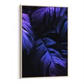 Obraz w ramie 80x120 - Mroczna Magia Dżungli - mroczna grafika, fioletowe liście monstery na czarnym tle - rama drewno