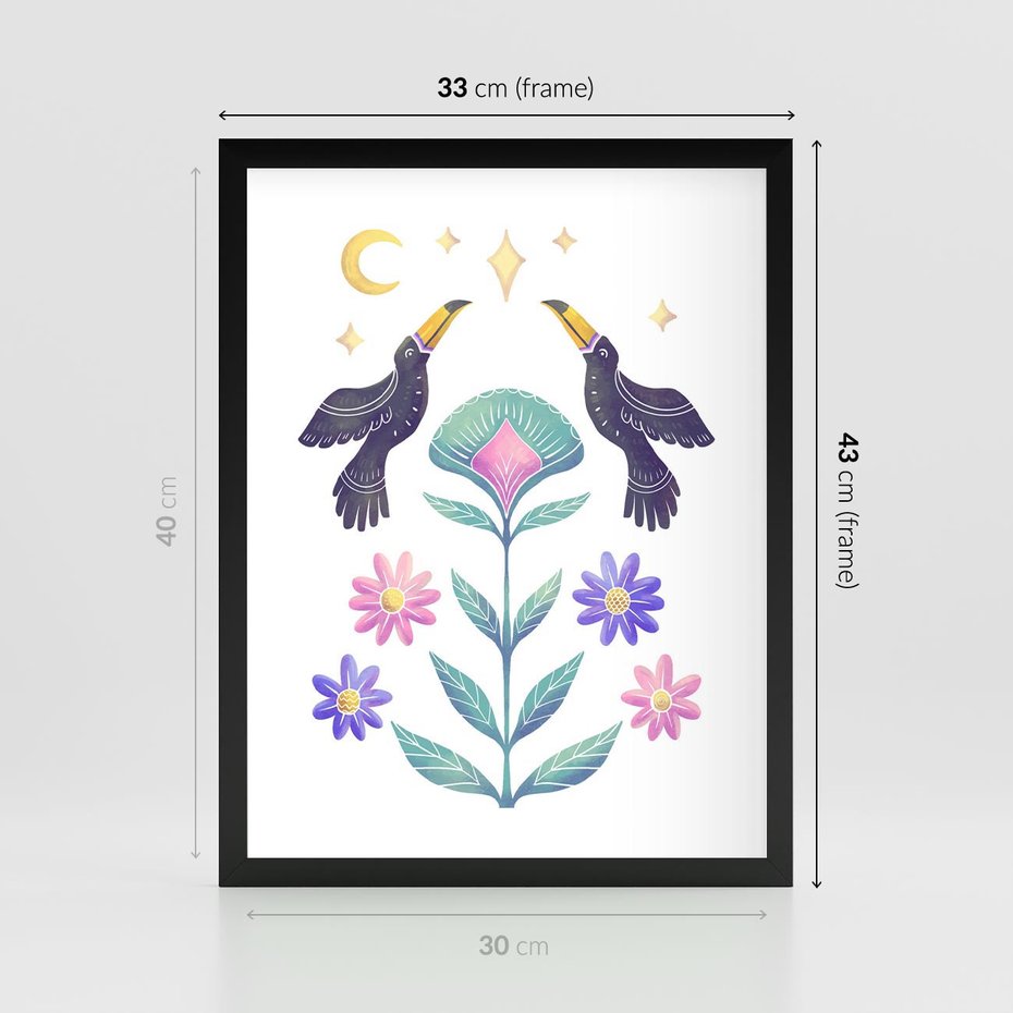 Plakat w ramie 30x40 - Przenikająca Dżungla - boho plakat, tukany - rama czarna