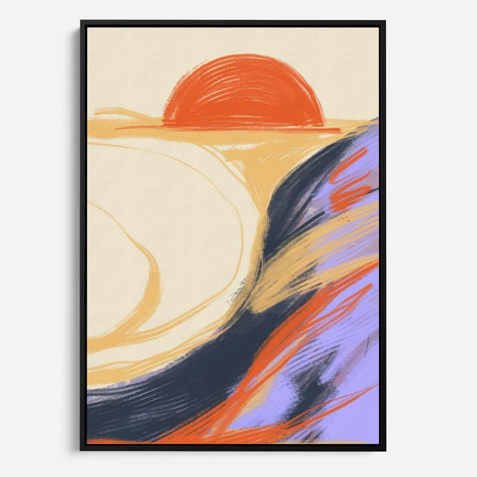 Obraz w ramie 70x100 - Pomarańczowy Horyzont - pastelowy krajobraz, nowoczesny plakat - rama czarna