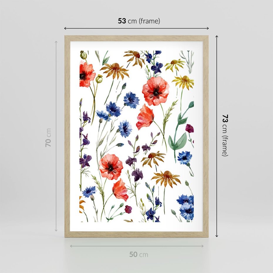 Plakat w ramie 50x70 - Kwiatowe radości na łące - kwiaty, łączka - rama drewno