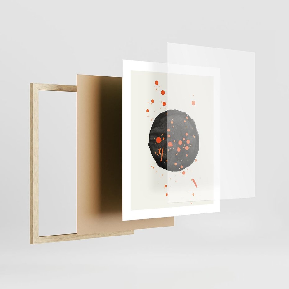 Plakat w ramie 40x50 - Impulsy Kreatywności - abstrakcyjna czarna plama, rozsiane pomarańczowe kropki - rama drewno