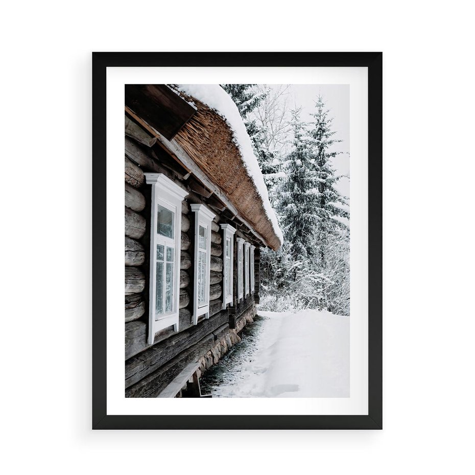 Plakat w ramie 50x70 - Cicha Zima - zima, domek w górach - rama czarna