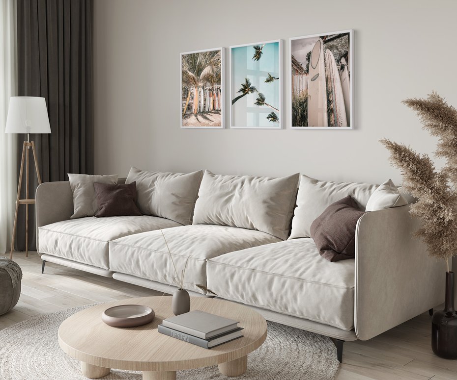 Zestaw obrazy w ramie 50x70 galeria - Surfing, palmy, wakacje - rama biała