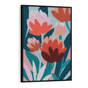 Obraz w ramie 50x70 - Symfonia Kwiatów - abstrakcyjna kompozycja kwiatowych form, kolor zgaszone - rama czarna