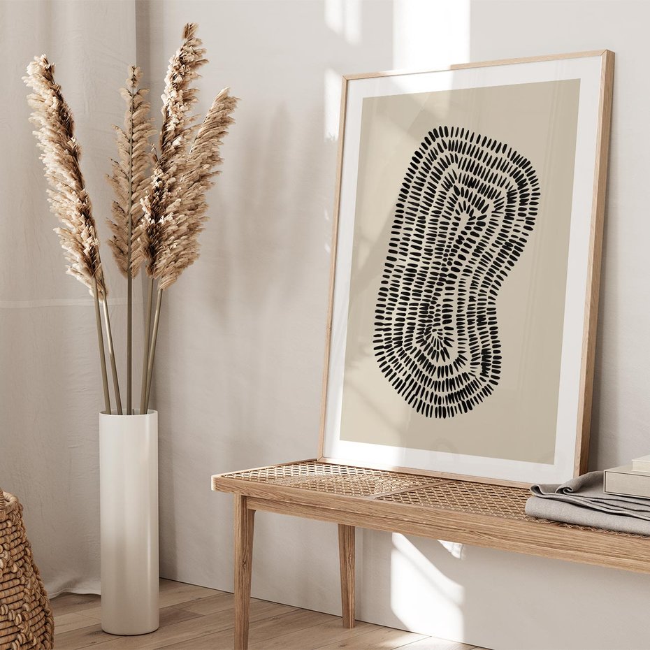 Plakat w ramie 40x50 - Nowoczesne Odbicia Wnętrza - boho plakat, czarne kropki kreski - rama drewno