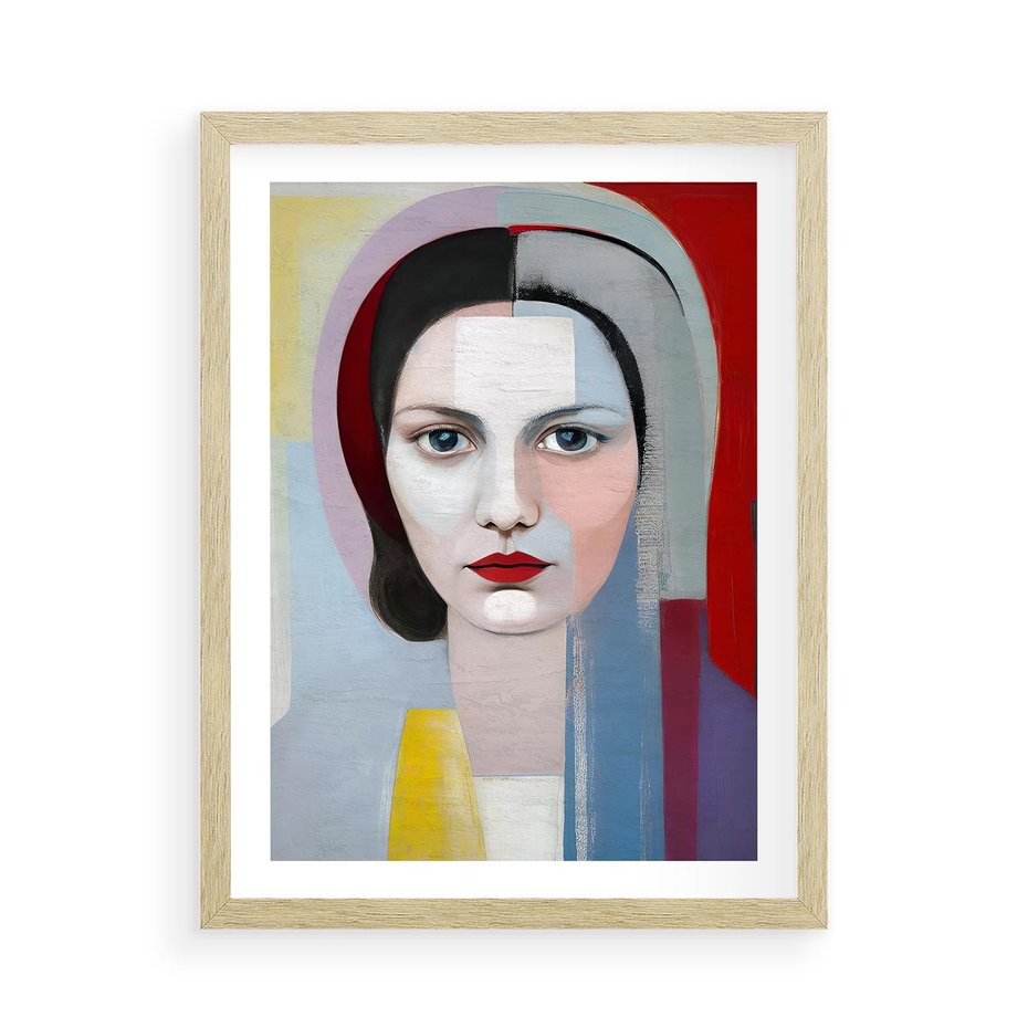 Plakat w ramie 50x70 - Kolorowe Granice Form - abstrakcyjny obraz olejny, portret twarzy kobiety - rama drewno