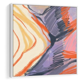 Obraz w ramie 80x80 - Pokreślony Świat - abstrakcyjne formy, odcienie pomarańczu i fioletu - rama biała