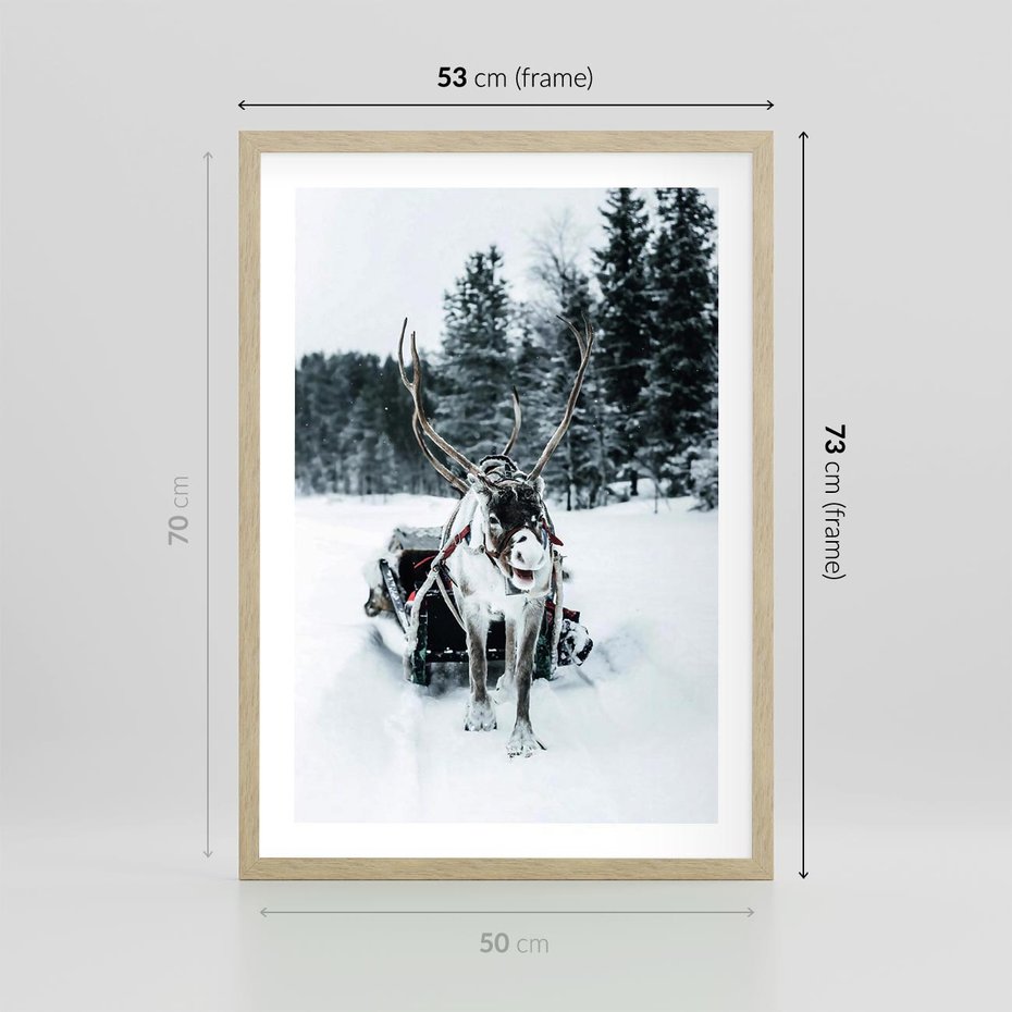 Plakat w ramie 50x70 - Świąteczna Przygoda - renifer, śnieg - rama drewno