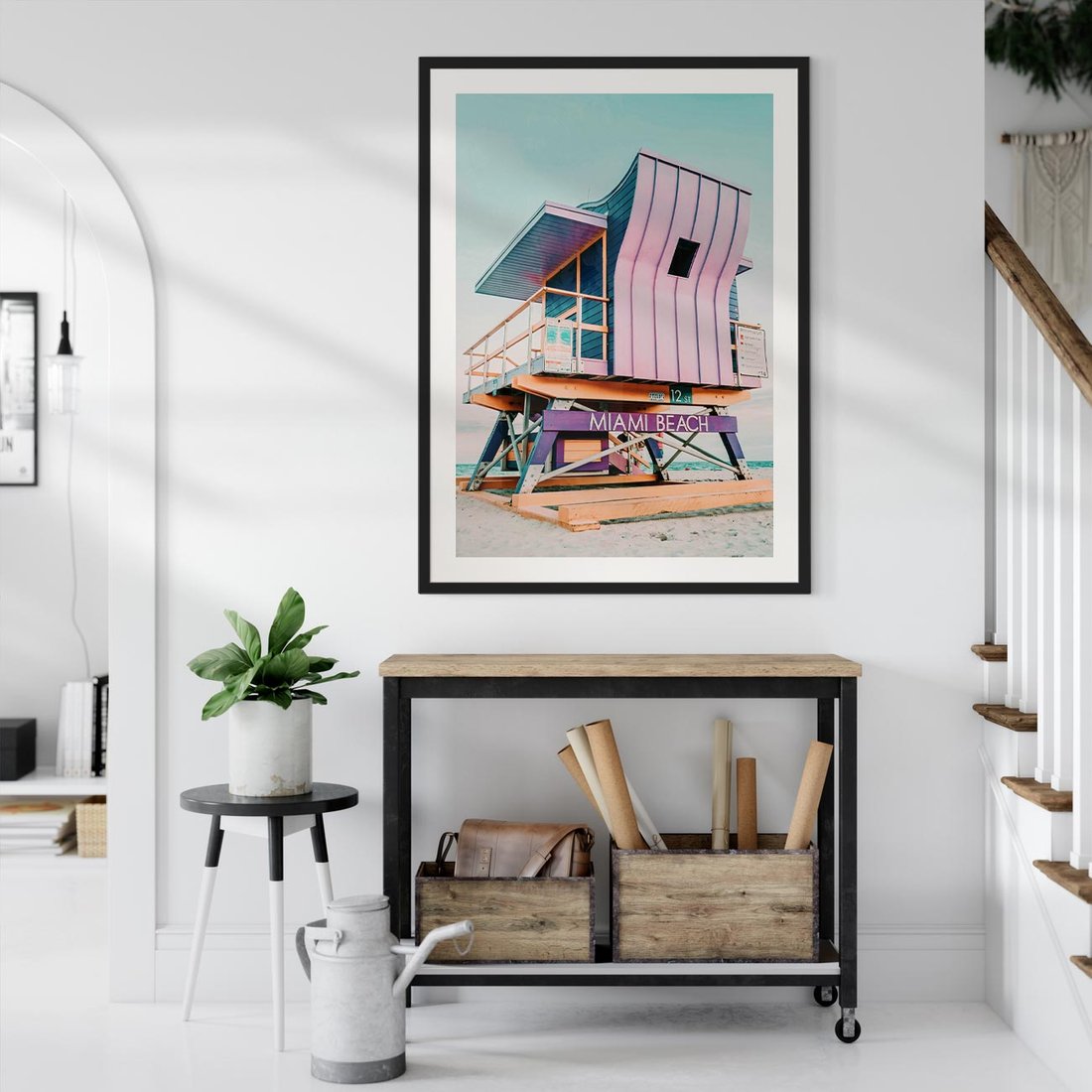 Plakat w ramie 50x70 - Miami Beach - plaża miami, domek ratownika - rama czarna