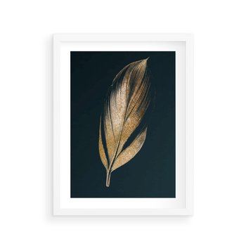 Plakat w ramie 30x40 - Mroczne Złoto - nowoczesna grafika, złoty liść na czarnym tle - rama biała