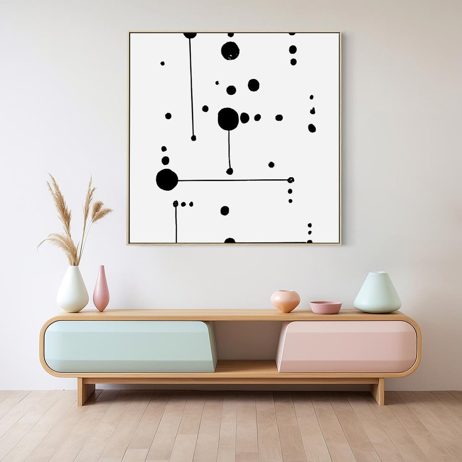 Obraz w ramie 50x50 - Nocne Zawirowania - abstrakcyjny plakat, czarne kropki i kreski - rama drewno