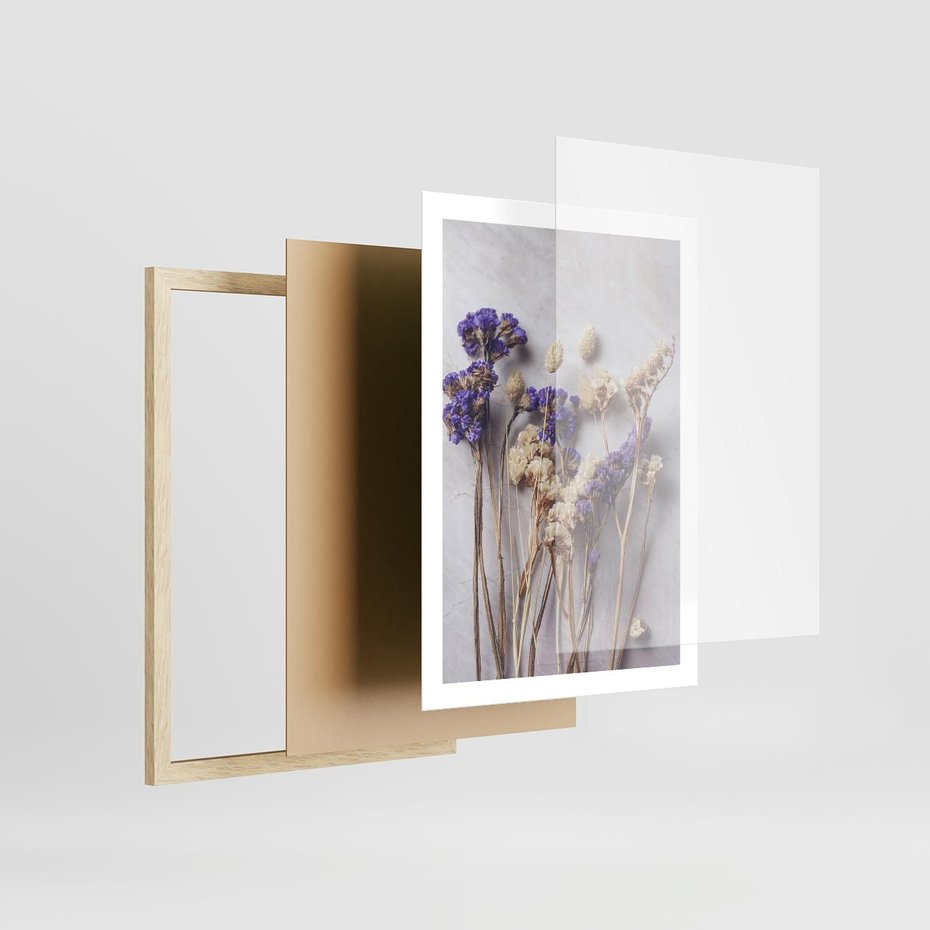 Plakat w ramie 50x70 - Błękitno-Biała Harmonia - suszone kwiaty, błekitne - rama drewno