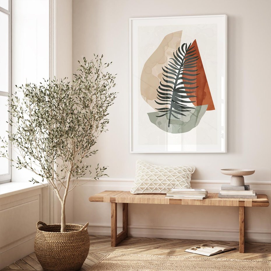 Plakat w ramie 30x40 - Czarna Palma w Brązowej Abstrakcji - grafika, akwarela - rama biała