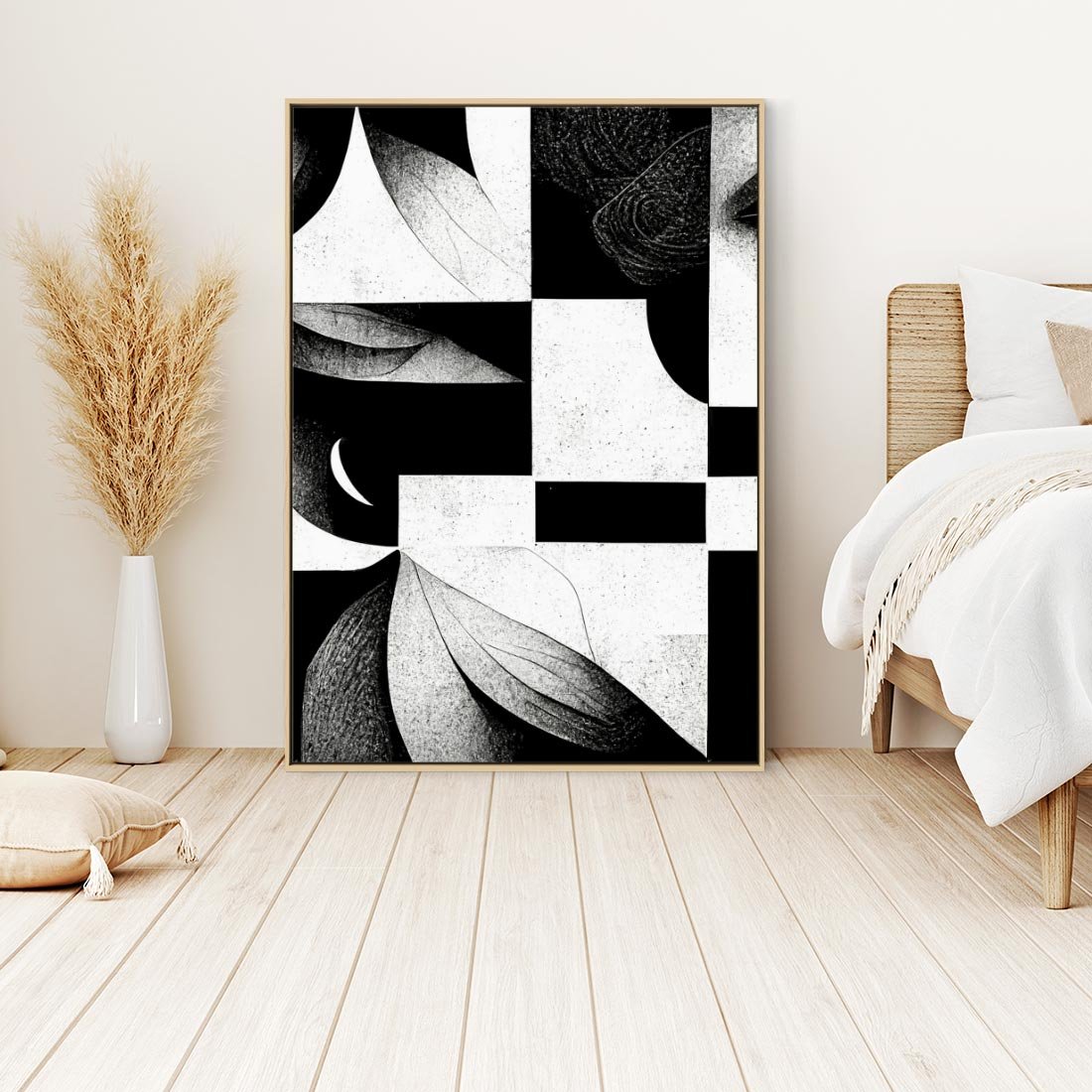 Obraz w ramie 80x120 - Harmonia świateł i cieni - abstrakcja czarno biała, geometria - rama drewno