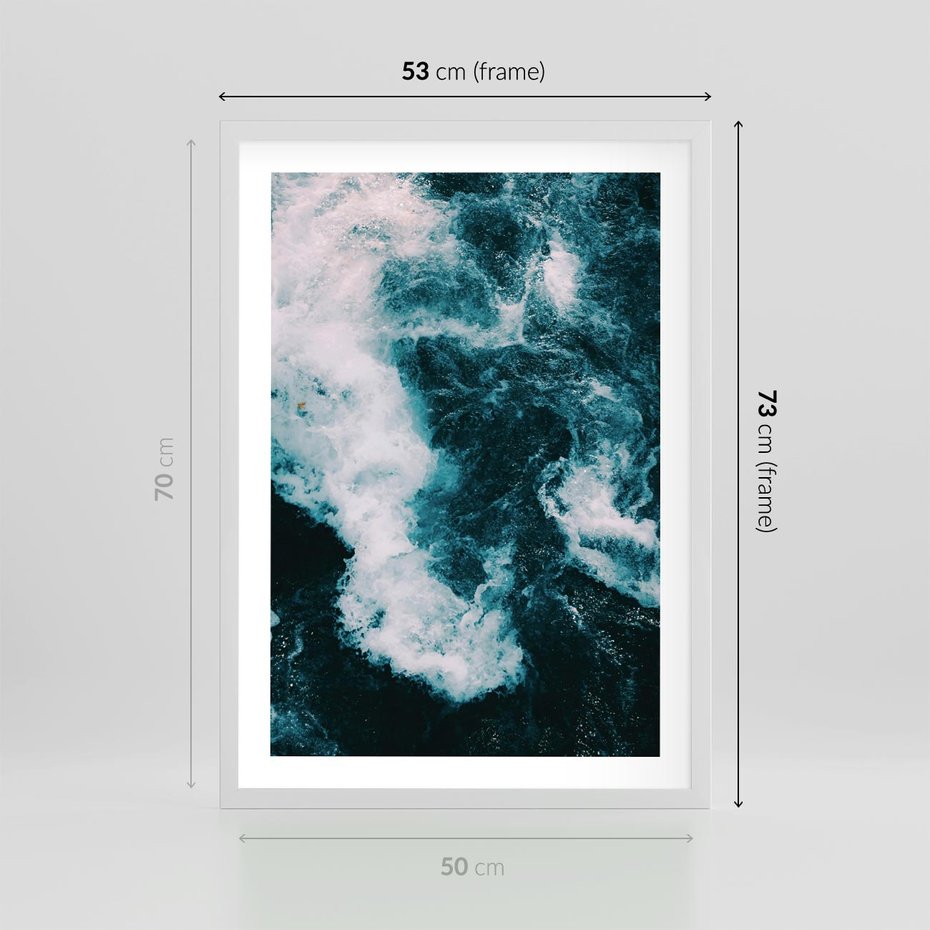 Plakat w ramie 50x70 - Fale w Odcieniach Turkusu - ocean, fale - rama biała