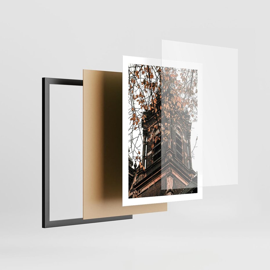 Plakat w ramie 50x70 - Jesienna Wieża w Liściach - architektura, wieża - rama czarna