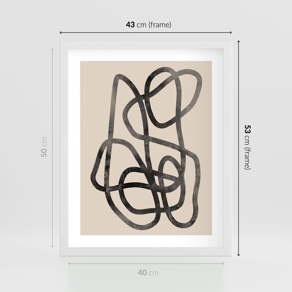 Plakat w ramie 40x50 - Przenikanie Wirtualnych Wymiarów - zaplątane minimalistyczne linie, na bezowym tle - rama biała