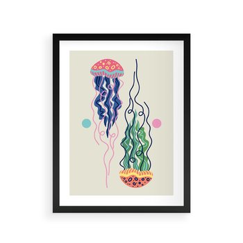Plakat w ramie 50x70 - Morskie Pulsacje - nowoczesny optymistyczny plakat, kolorowe meduzy - rama czarna