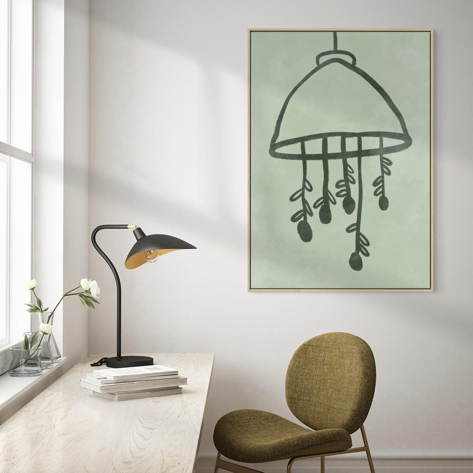 Obraz w ramie 80x120 - Zieleń Inspirującego Spokoju - plakat z abstrakcyjną zieloną lampą, skandynawski design - rama drewno