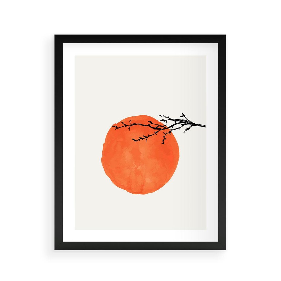Plakat w ramie 40x50 - Słońce i Gałązka - pomarańczowe słońce, gałązka - rama czarna