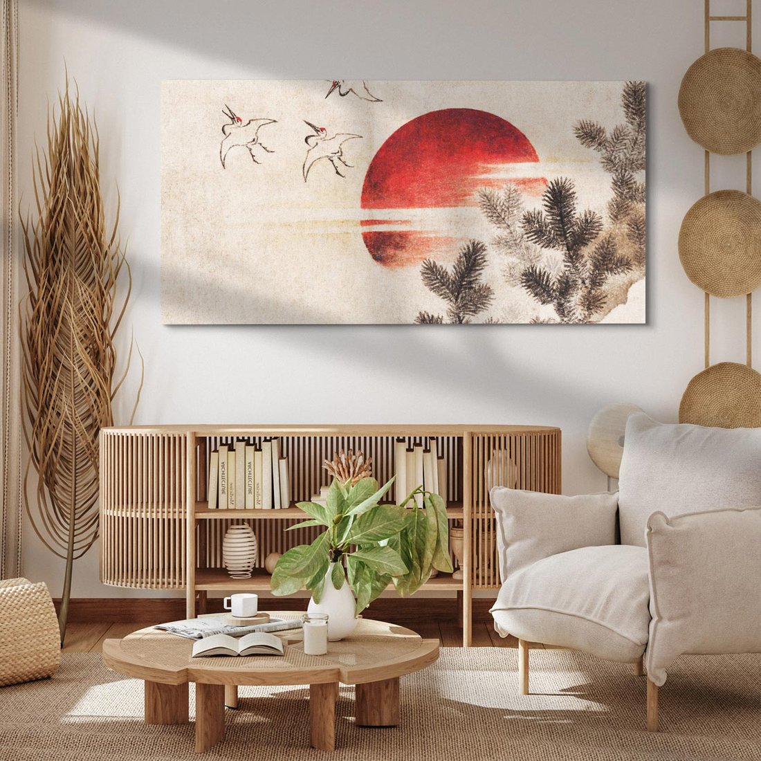 Obraz na płótnie 140x70 - "Birds and sunset" Katsushiki Hokusai - Reprodukcja - reprodukcja, obraz na płótnie