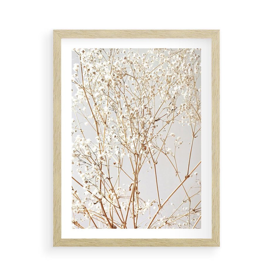 Plakat w ramie 50x70 - Minimalistyczna Delikatność - białe kwiaty, gipsówka - rama drewno