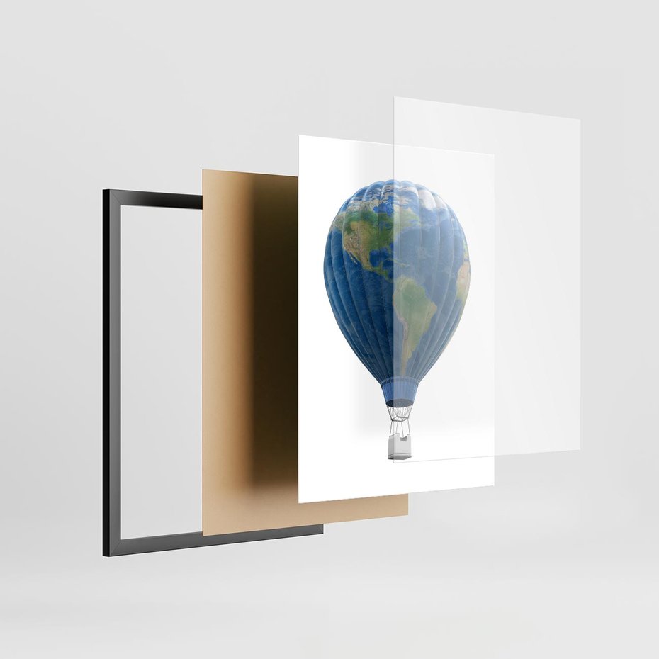 Plakat w ramie 30x40 - Podróżniczy balon nad ziemią - balon, ziemia - rama czarna