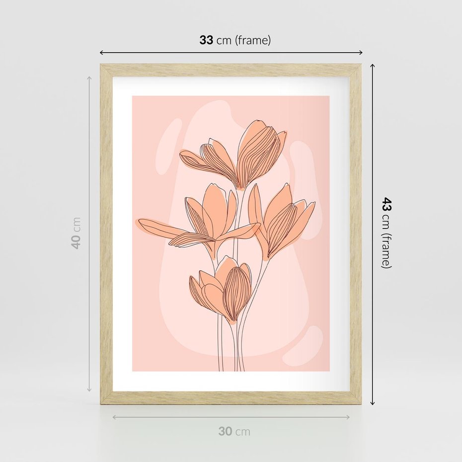 Plakat w ramie 30x40 - Przenikające Kształty - minimalistyczny plakat, pudrowe kwiaty - rama drewno