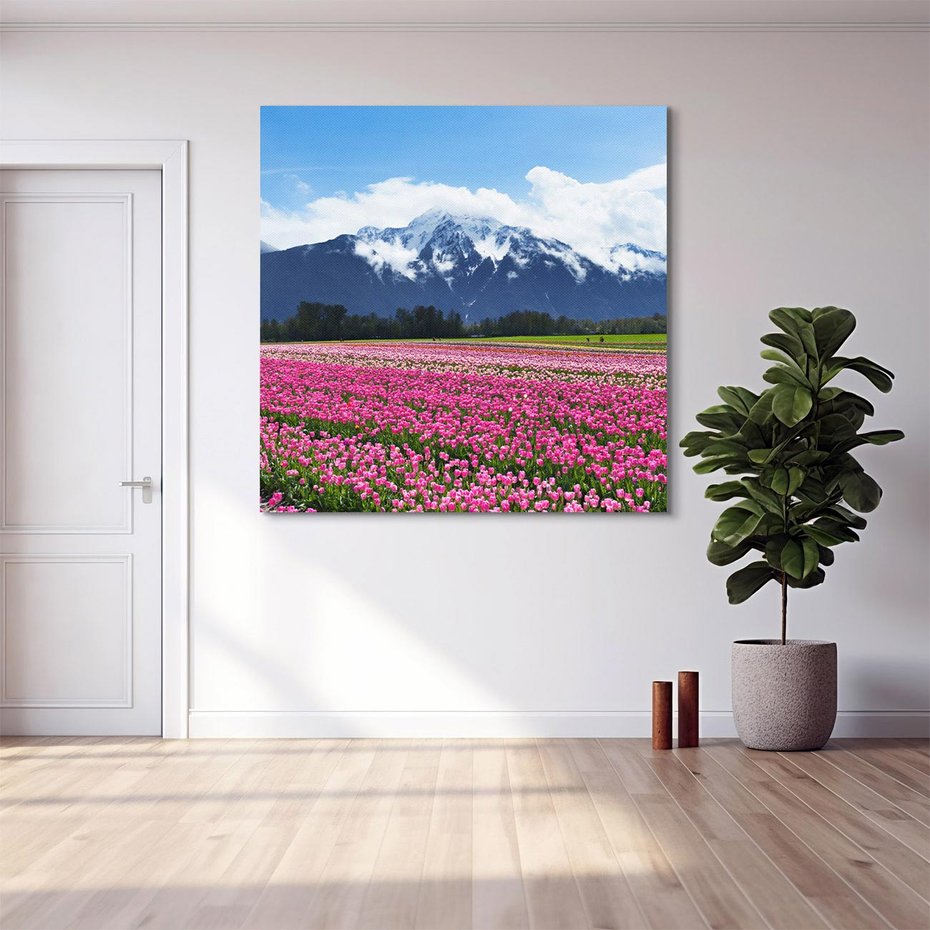 Obraz na płótnie 30x30 - Tulipany w malowniczym krajobrazie" - tulipany, krajobraz