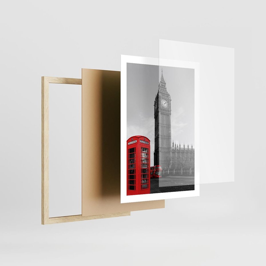 Plakat w ramie 50x70 - Budka telefoniczna przed Big Benem - budka, Londyn - rama drewno