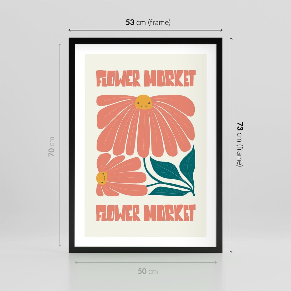 Plakat w ramie 50x70 - Retro Radość - typografia, wesołe kwiaty - rama czarna