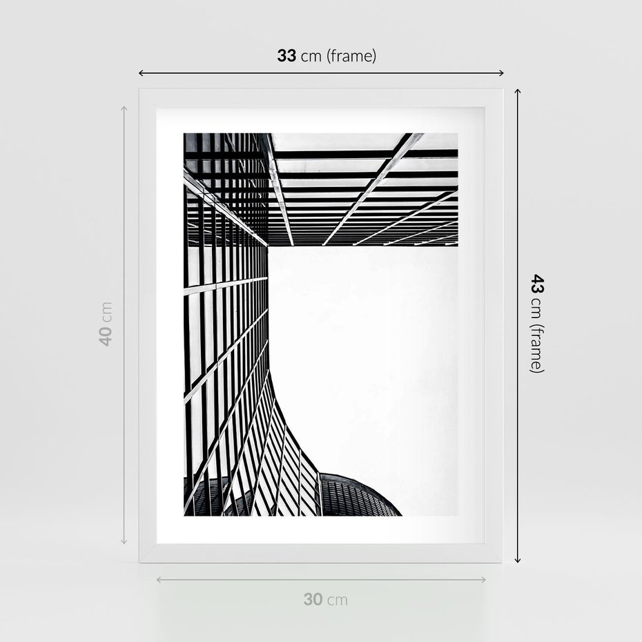 Plakat w ramie 30x40 - Minimalizm Wysokości - architektura, czarno białe zdjęcie - rama biała