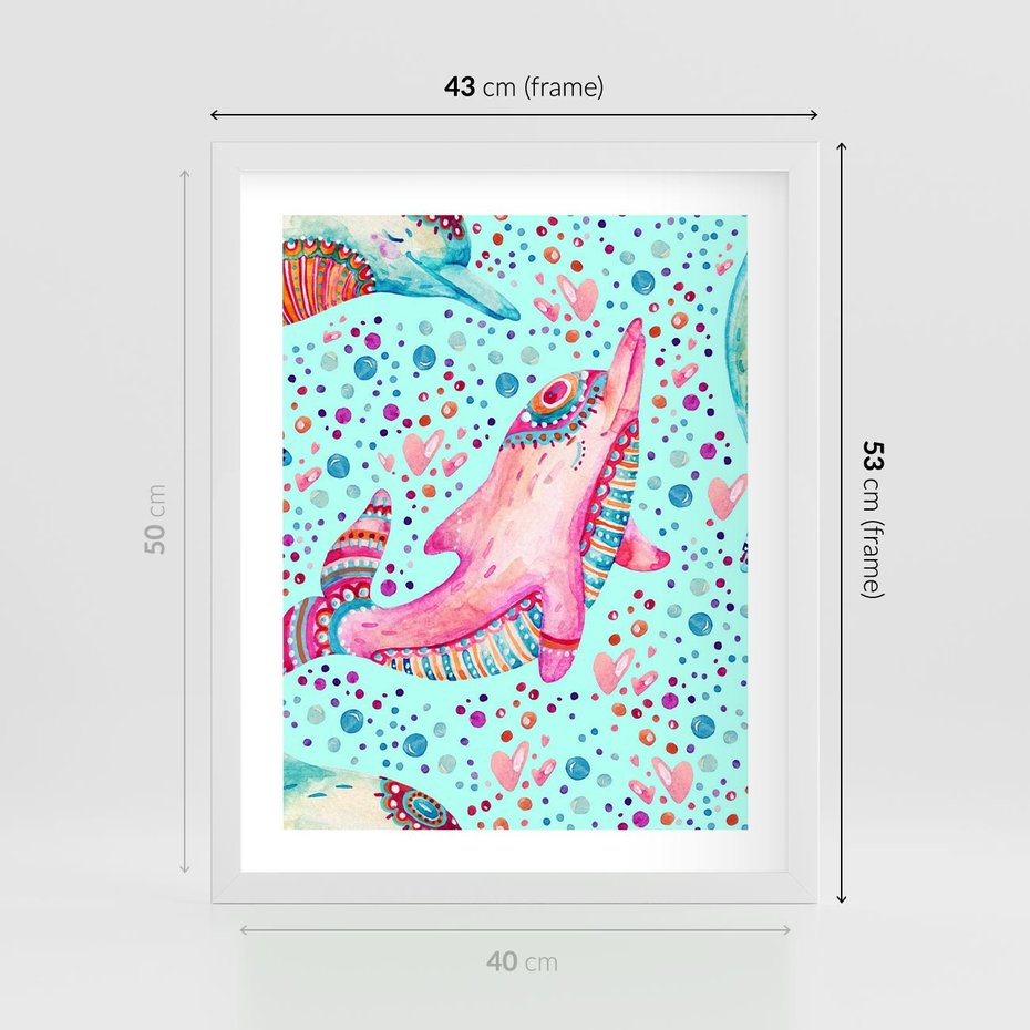 Plakat w ramie 40x50 - Lekkość W Ruchu - delfin, akwarela - rama biała