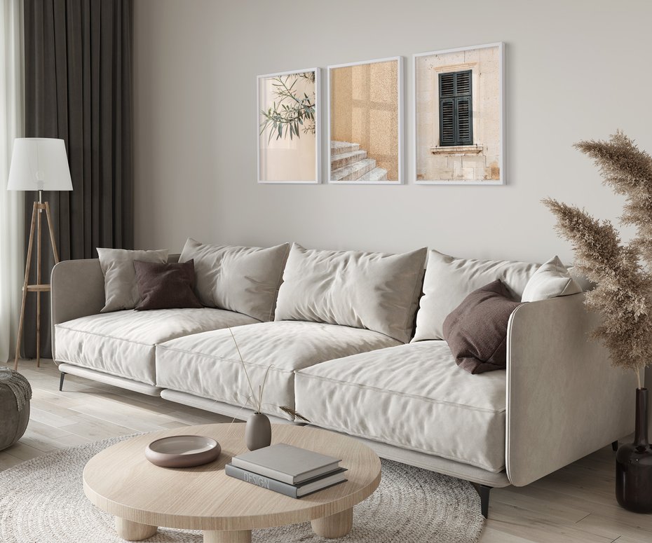 Zestaw obrazy w ramie 40x50 galeria - Beż, podróż, okiennica - rama biała