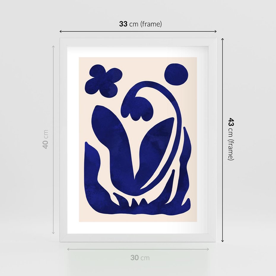 Plakat w ramie 30x40 - Bezgraniczne Echa Serca - abstrakcyjny obraz plakat, dziwne niebieskie kształty przypominają kwiat - rama biała
