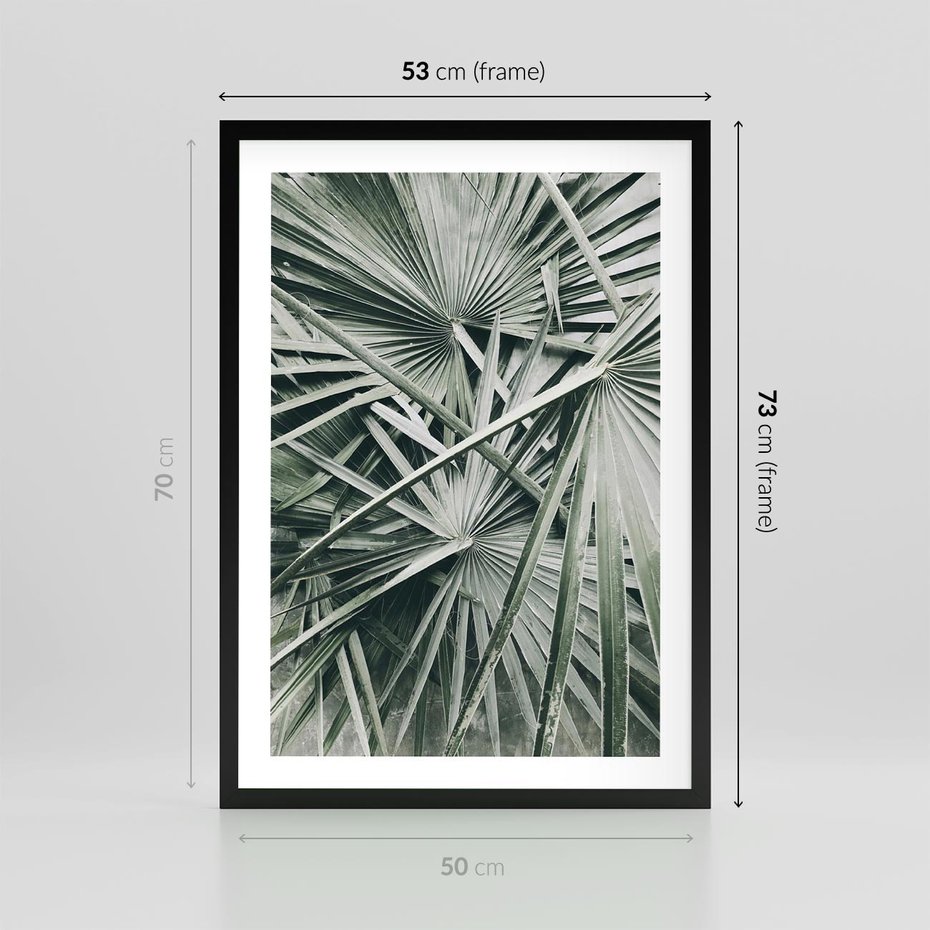 Plakat w ramie 50x70 - Palmy w Zgaszonej Zieleni - palmy, tropikalne liście - rama czarna