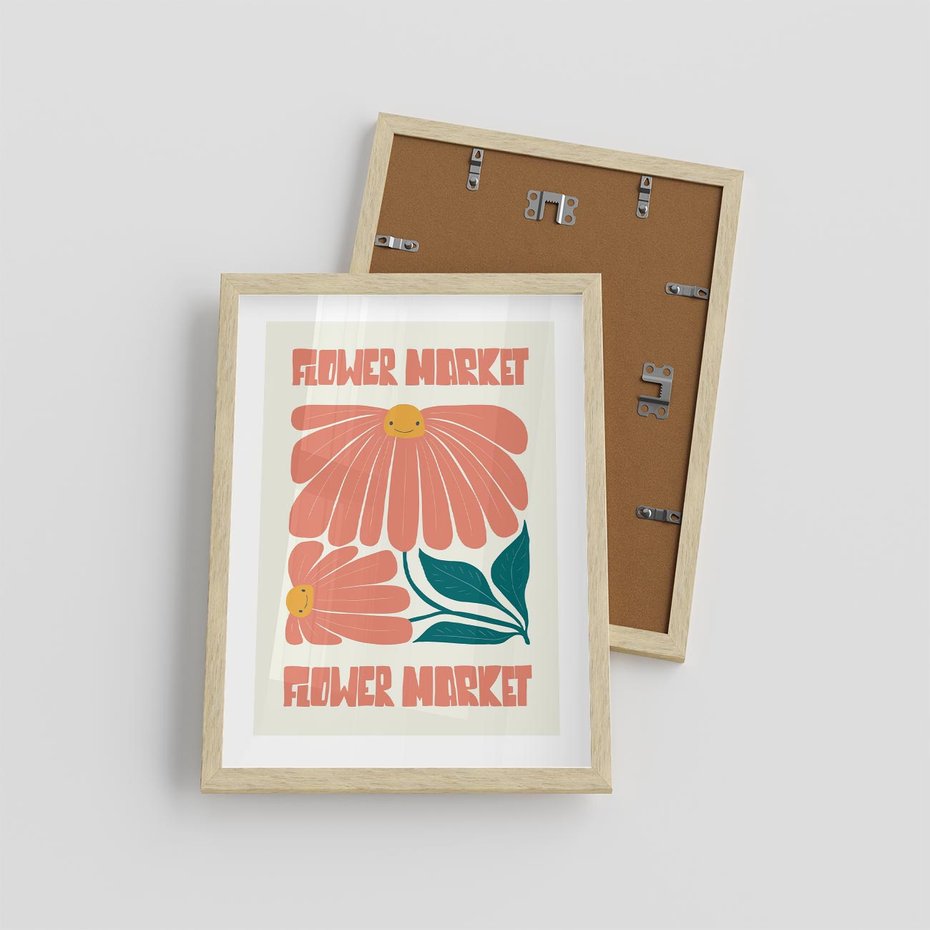 Plakat w ramie 30x40 - Grafika Pełna Radości - wesoła grafika, uśmiechnięte kwiaty - rama drewno