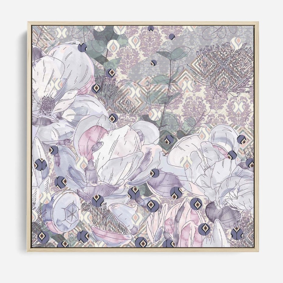 Obraz w ramie 50x50 - Malowane oddechy istnienia - pomieszane tekstury, kwiatowe elementy - rama drewno