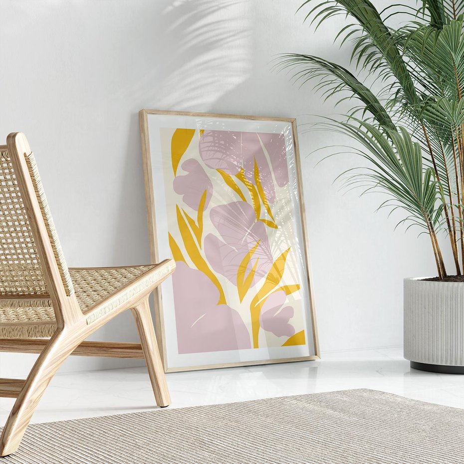 Plakat w ramie 30x40 - Migocące Wibracje - abstrakcyjne kwiaty, pastelowe kolory - rama drewno