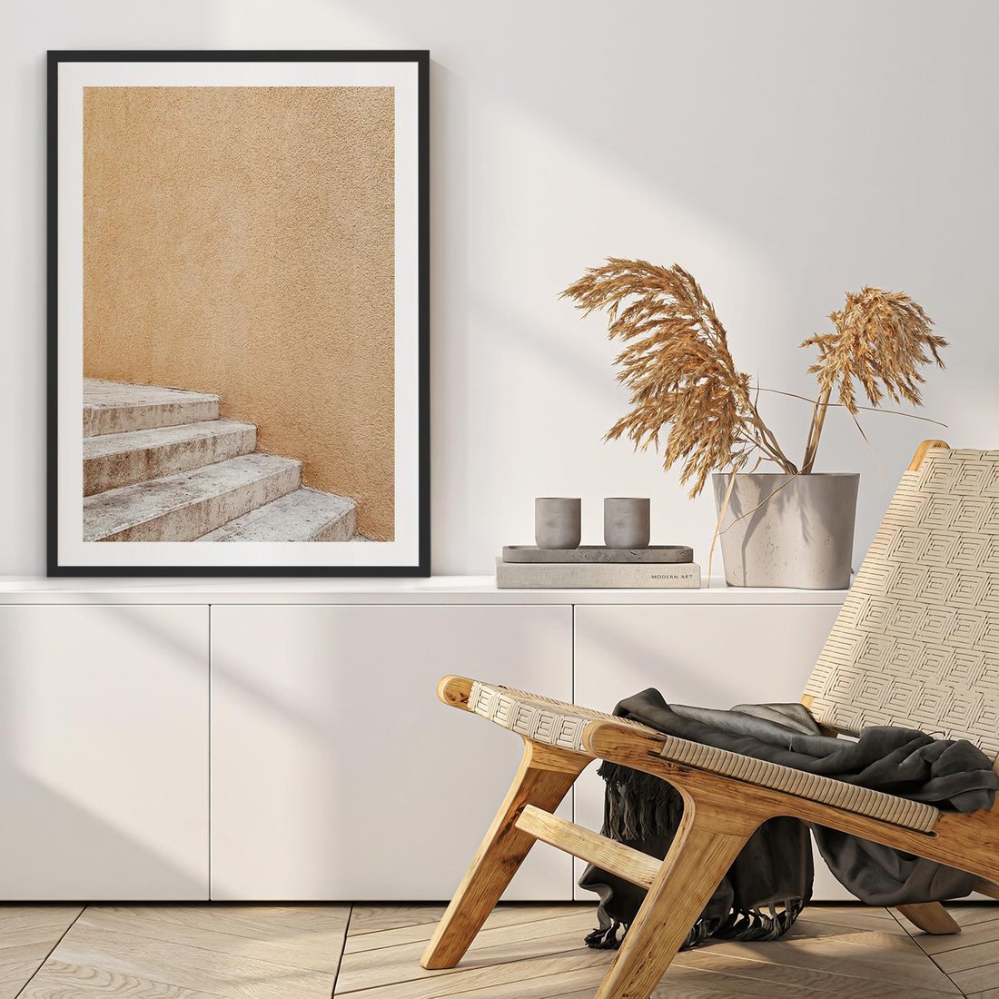 Plakat w ramie 50x70 - Schod w Beżu - schody, minimalizm - rama czarna