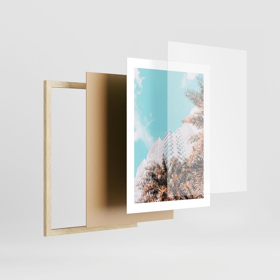 Plakat w ramie 30x40 - Wakacyjny Raj - palmy, wysokie budynki - rama drewno