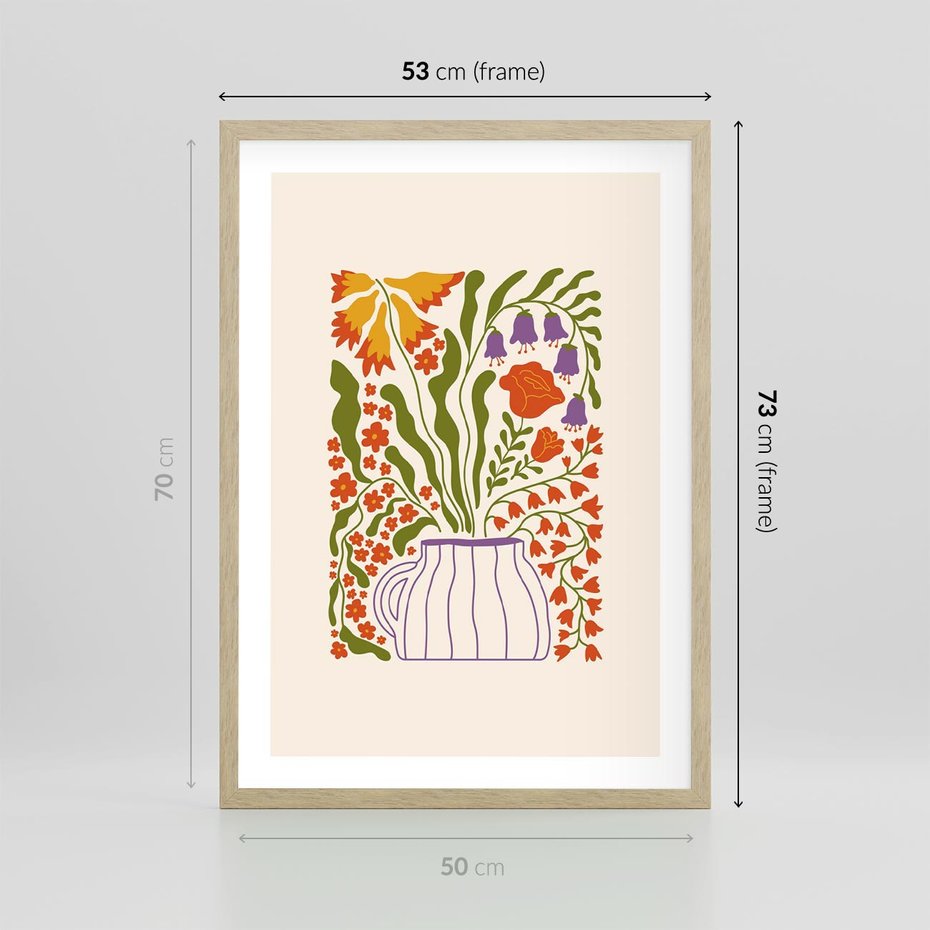 Plakat w ramie 50x70 - Świeżość Kwiatów - kwiaty w wazonie, minimalistyczna kompozycja - rama drewno