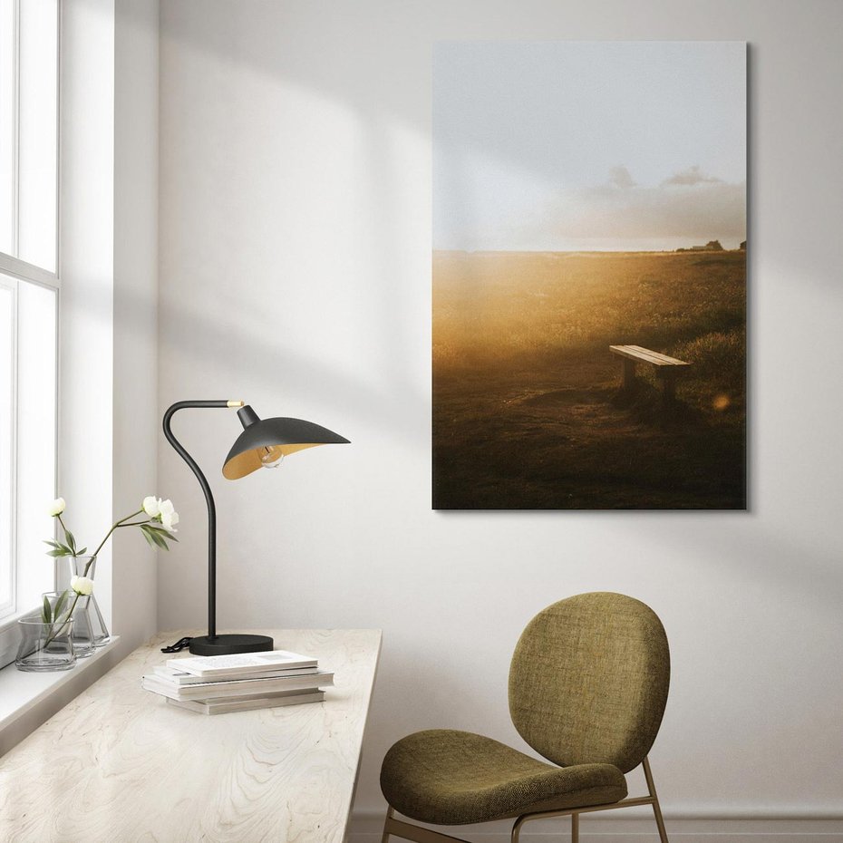 Obraz na płótnie 70x100 - Mglisty zachód słońca na ławeczce - mgła, zachód